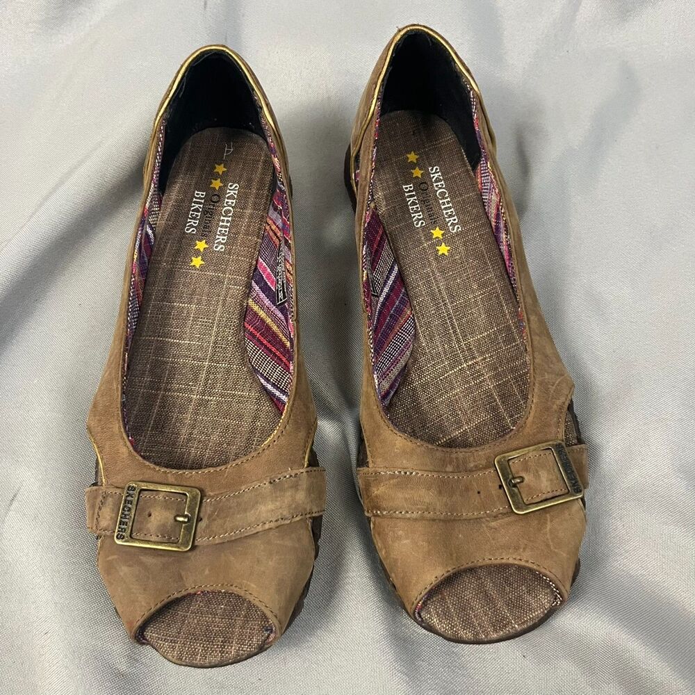 Skechers Leather Brown Original Bikers Buckle Peep Toe Slip On Shoes Womens 8.5 - Picture 2 of 7